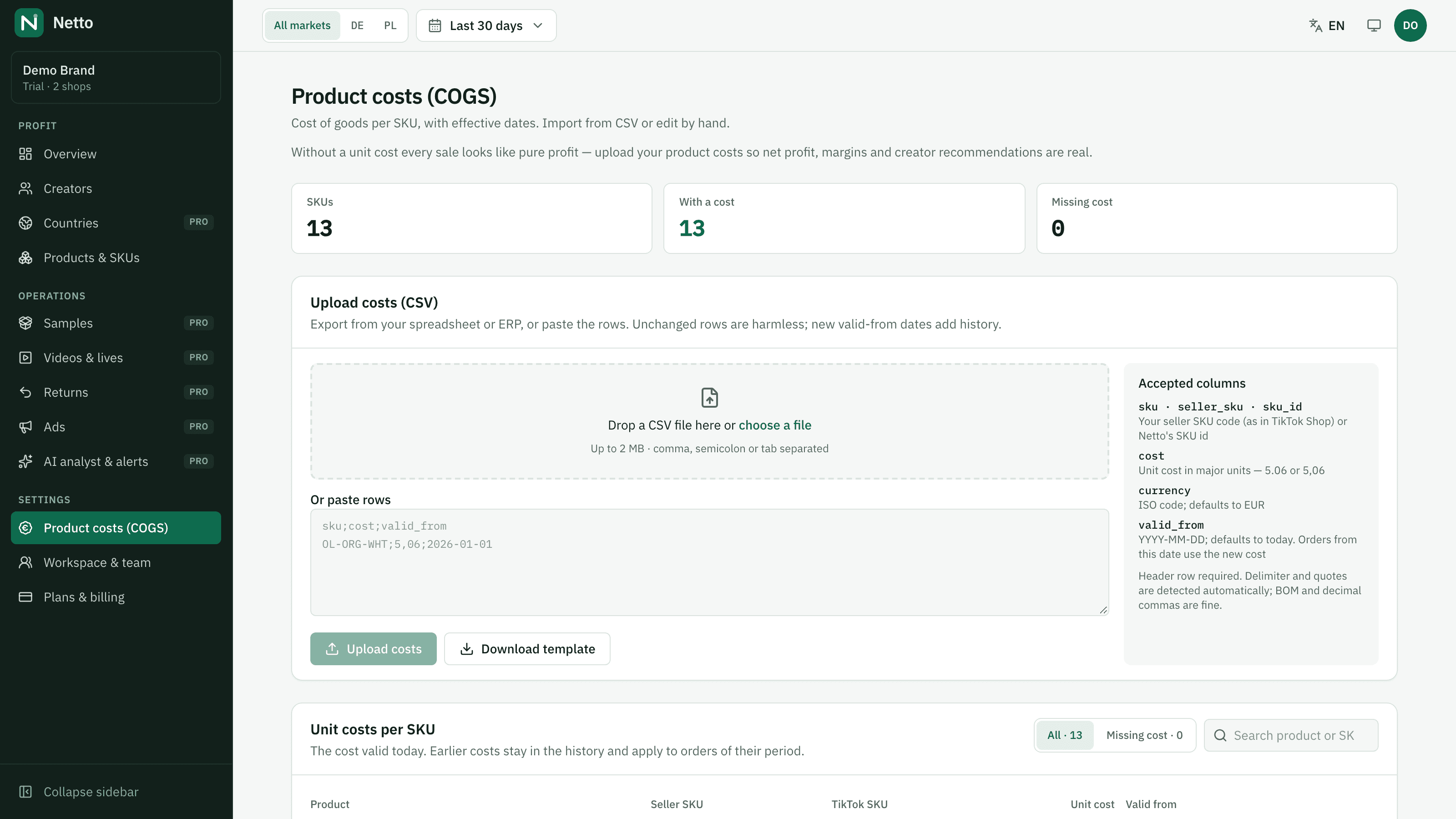 Netto product costs screen with CSV upload, inline editing and history