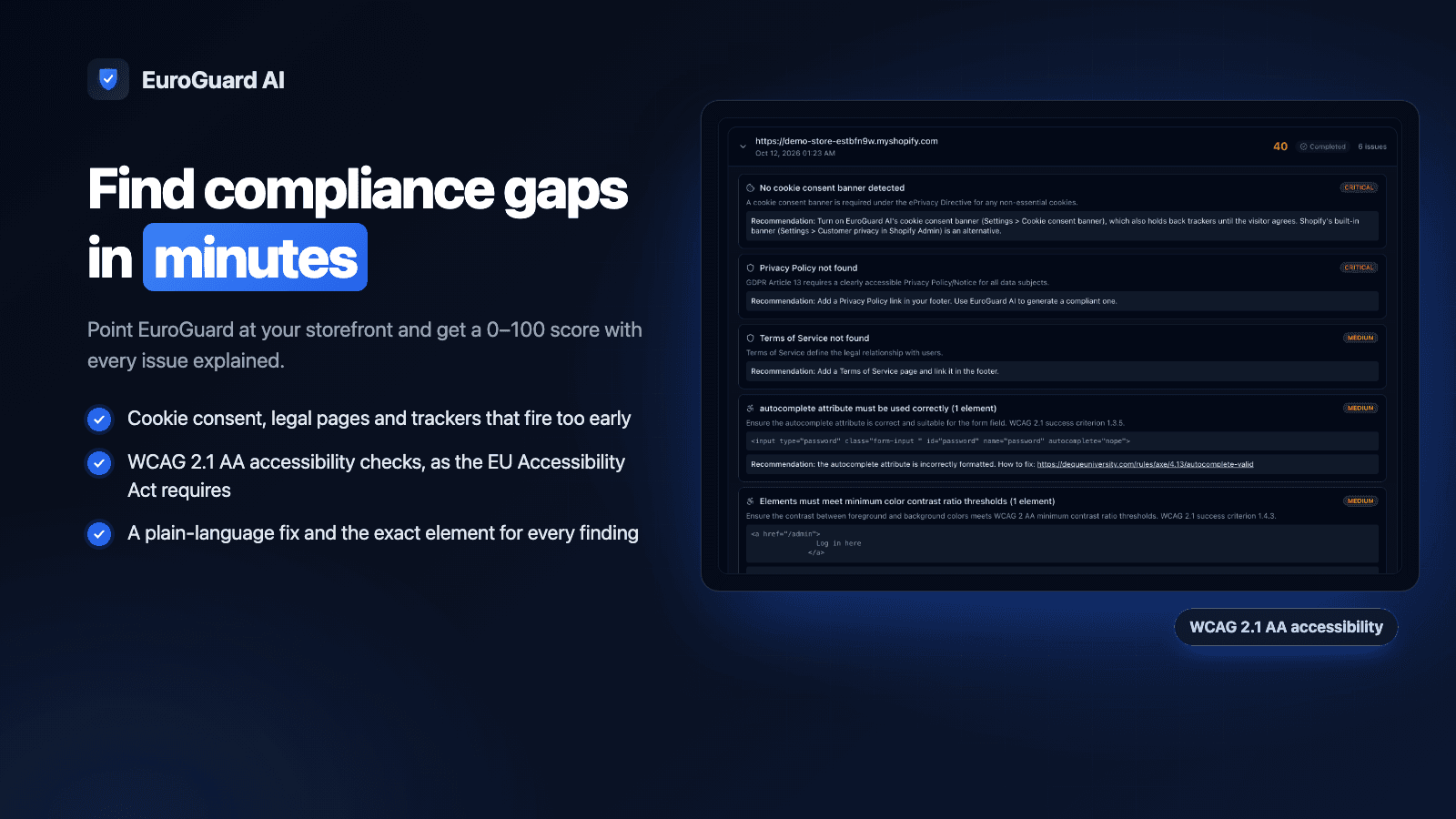 Compliance scan with cookie, policy and WCAG accessibility findings and fixes