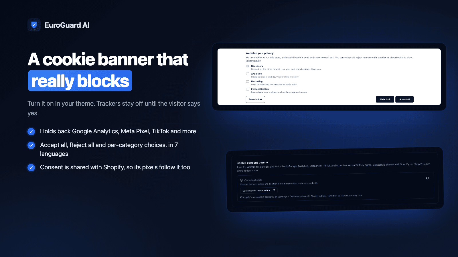 Cookie consent banner on a Shopify storefront with Accept all, Reject all and categories
