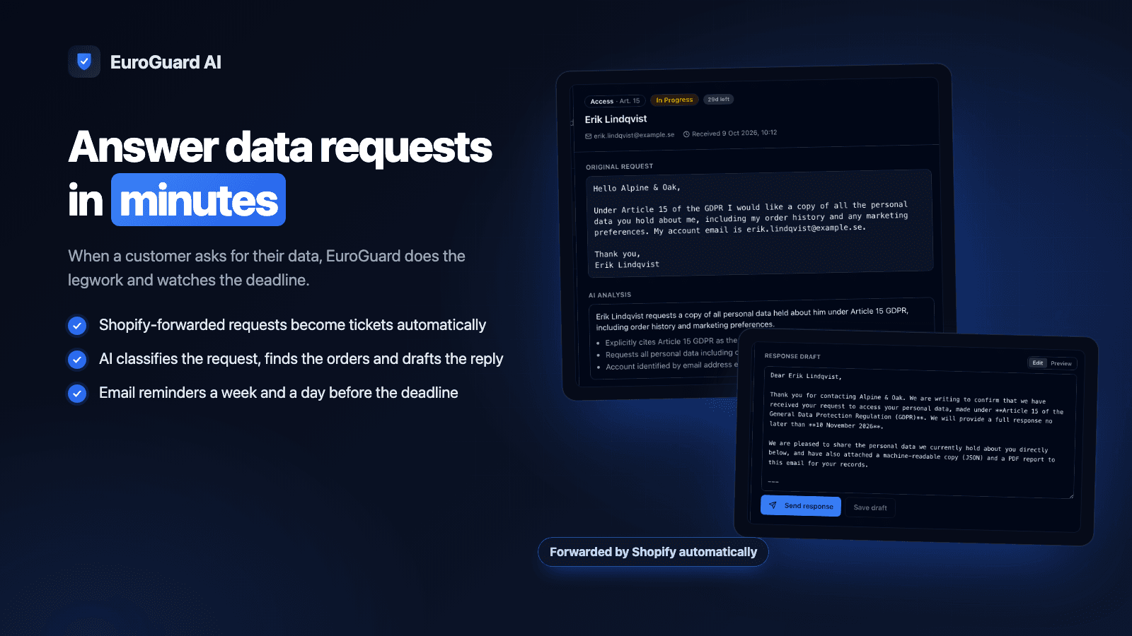 Data request with AI analysis and a drafted GDPR reply