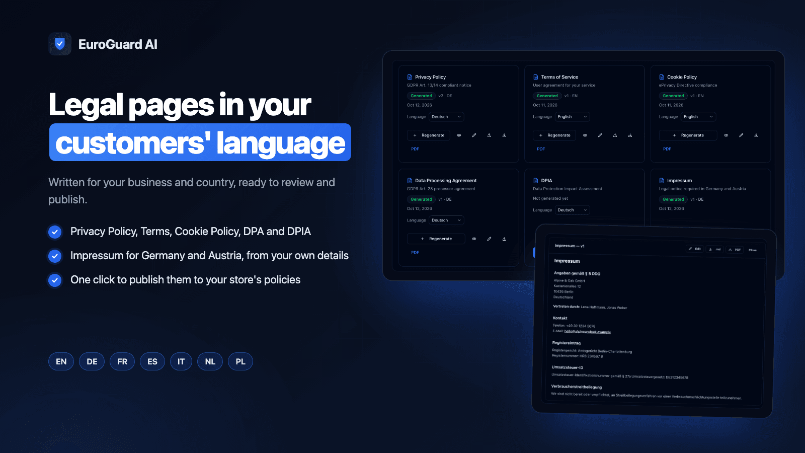 Legal documents in German and English with an Impressum and publish buttons