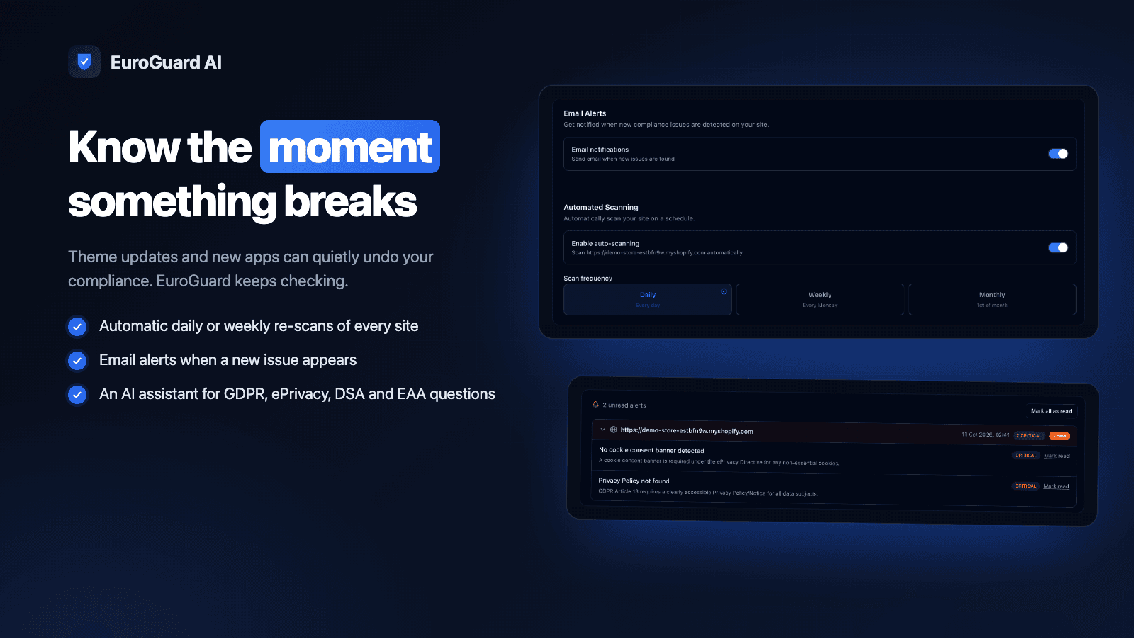 Automatic re-scans, email alerts and new compliance alerts
