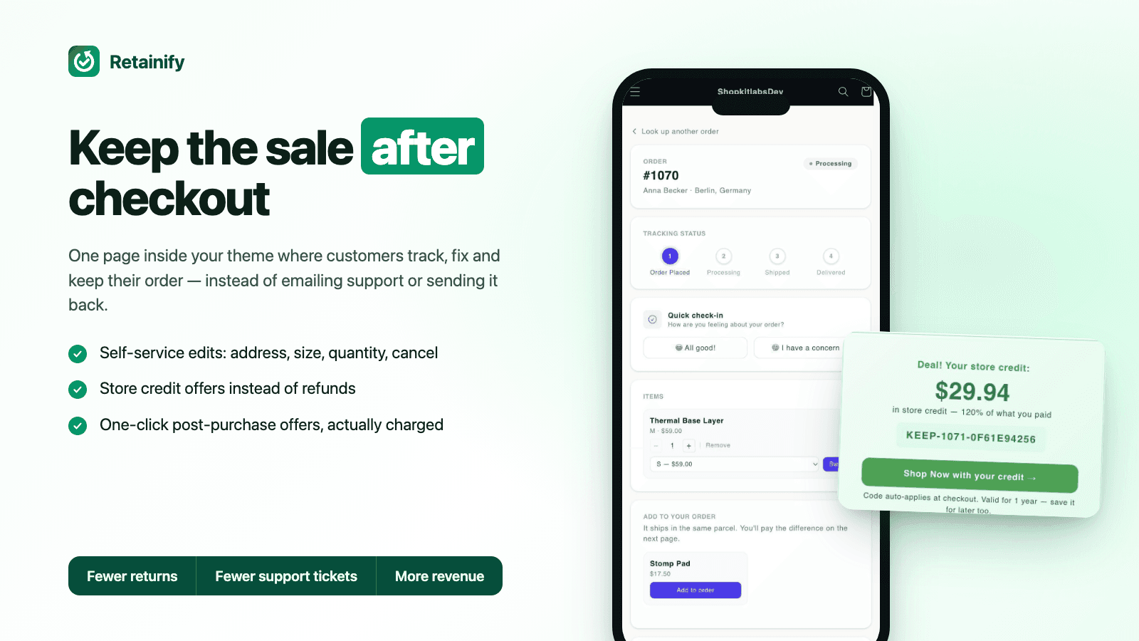 Retainify order page inside the store theme with a store credit card