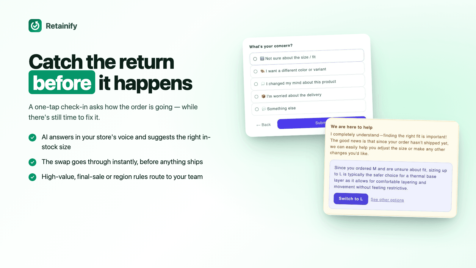 Return check-in with an AI size suggestion