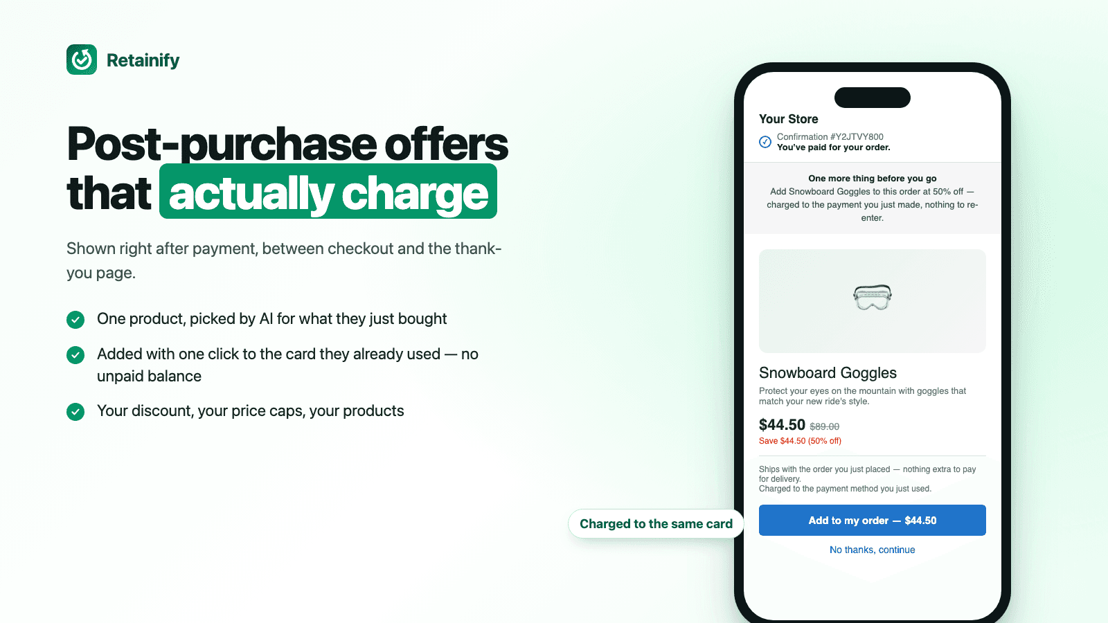 One-click post-purchase offer charged to the original card