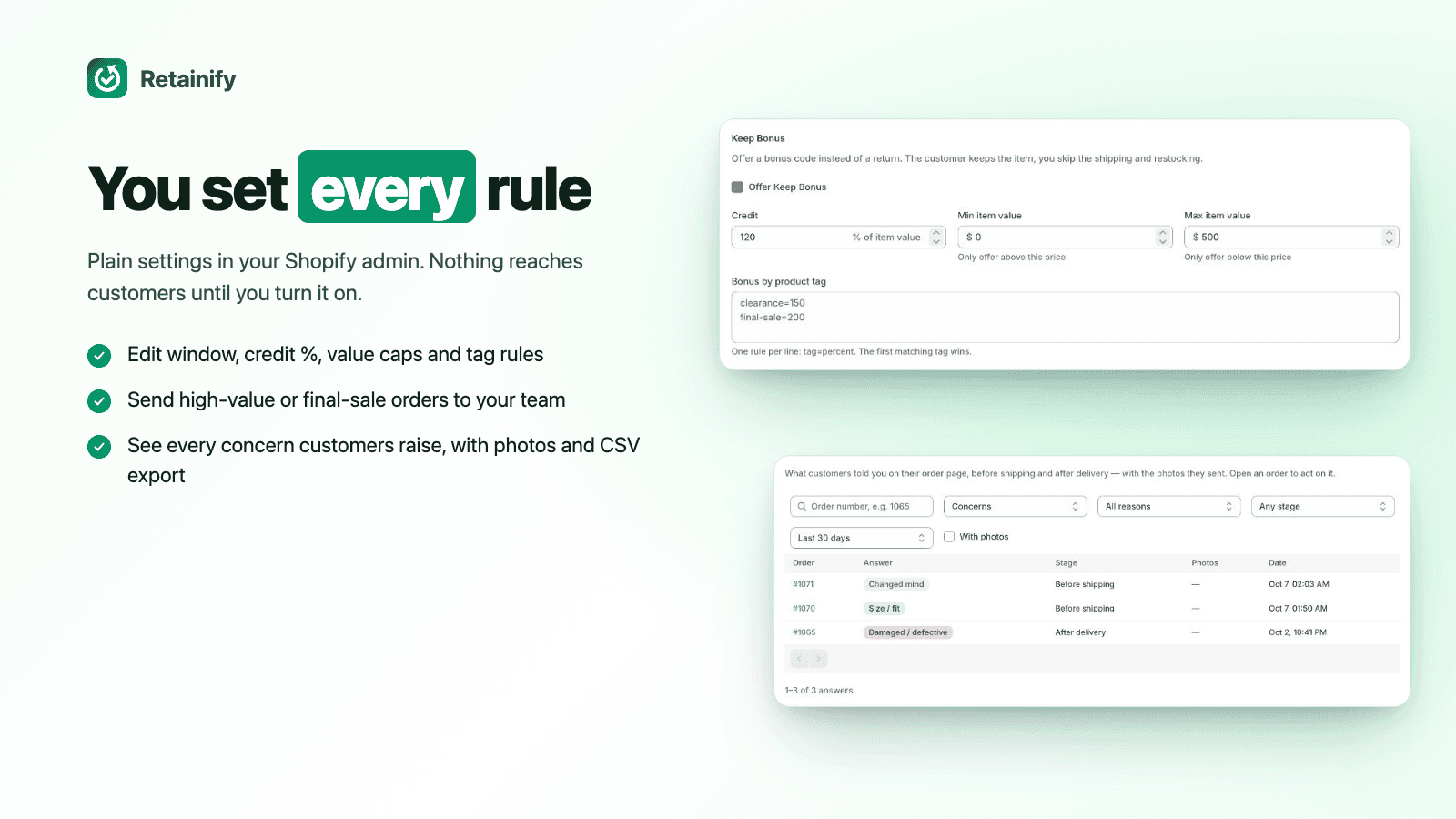 Retainify settings and customer concerns in Shopify admin